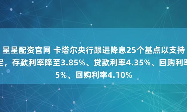 星星配资官网 卡塔尔央行跟进降息25个基点以支持经济稳定，存款利率降至3.85%、贷款利率4.35%、回购利率4.10%